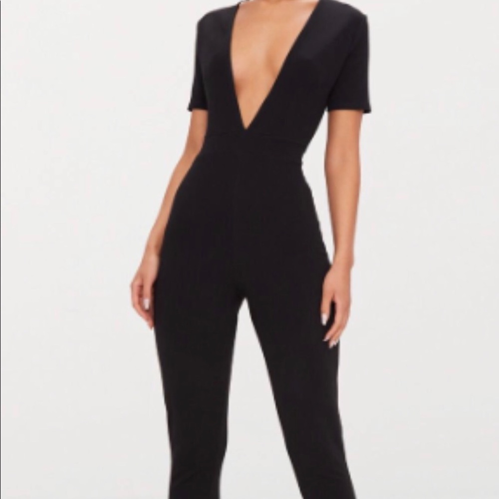 Black Short Sleeve Plunge Jumpsuit